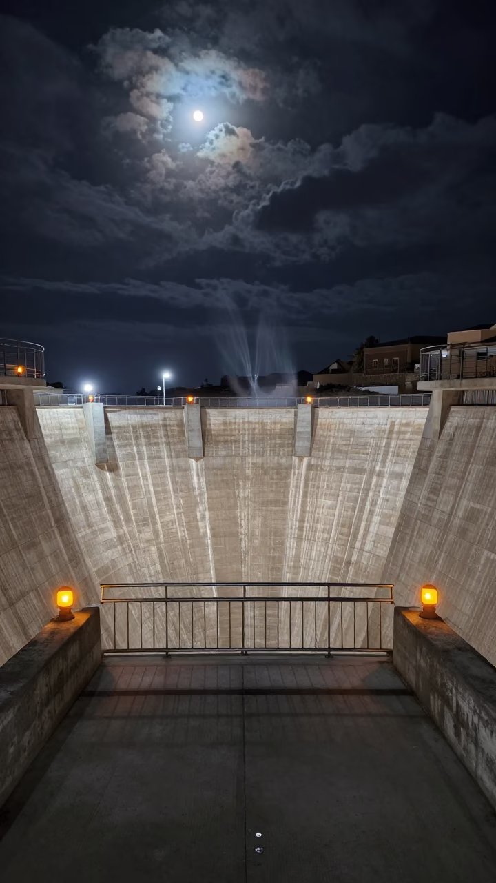 Empty Dam Deck Under Amber Rotating Beacons in above a spillway chute with spray rising in Cordoba