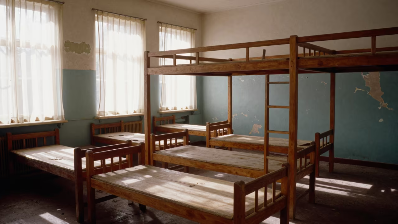 Empty Dormitory Beds Noon Light Bernal in inside a quiet classroom near Bernal