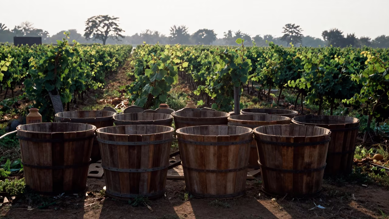 Empty Farm Stand Bins After Harvest in between vineyard trellises near Nagpur