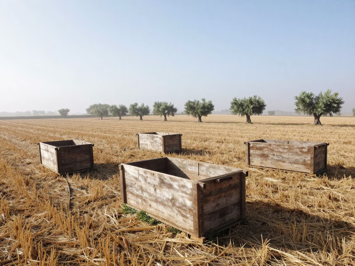 Empty Harvest Bins in Andalusian Field Mist in across a harvested grain field in Andalusia