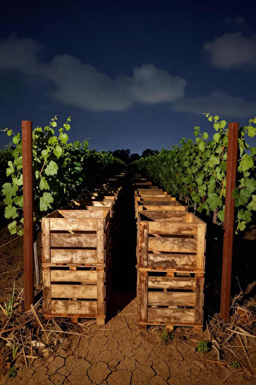 Empty Harvest Bins Under Starlight Near Vineyard in between vineyard trellises near Coimbatore