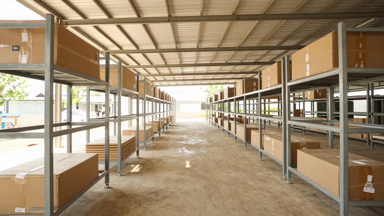 Empty Load Bar Rack in Myitkyina Packing Station in at a fulfillment packing station in Myitkyina