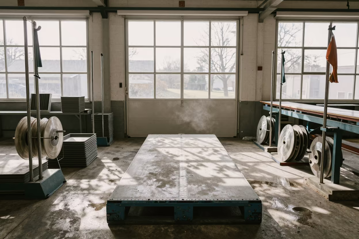 Empty Pallet Gauge Board in Dappled Light in in a machine shop near The Hague