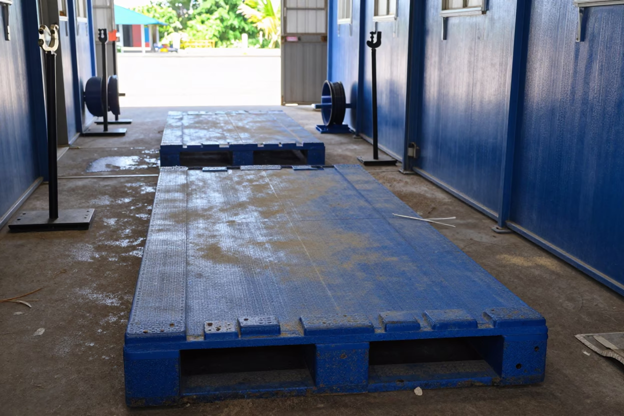 Empty Pallet Gauge Board in Twilight Welding Bay in in a welding bay near Victoria Seychelles