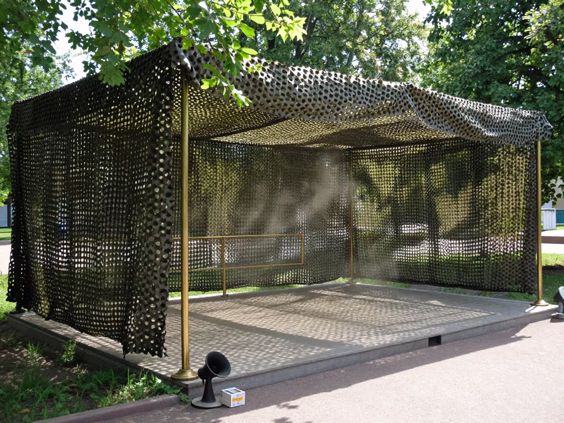 Empty Parade Ground Review Stand Under Camouflage Net in beneath a camouflage net shelter in the Urals
