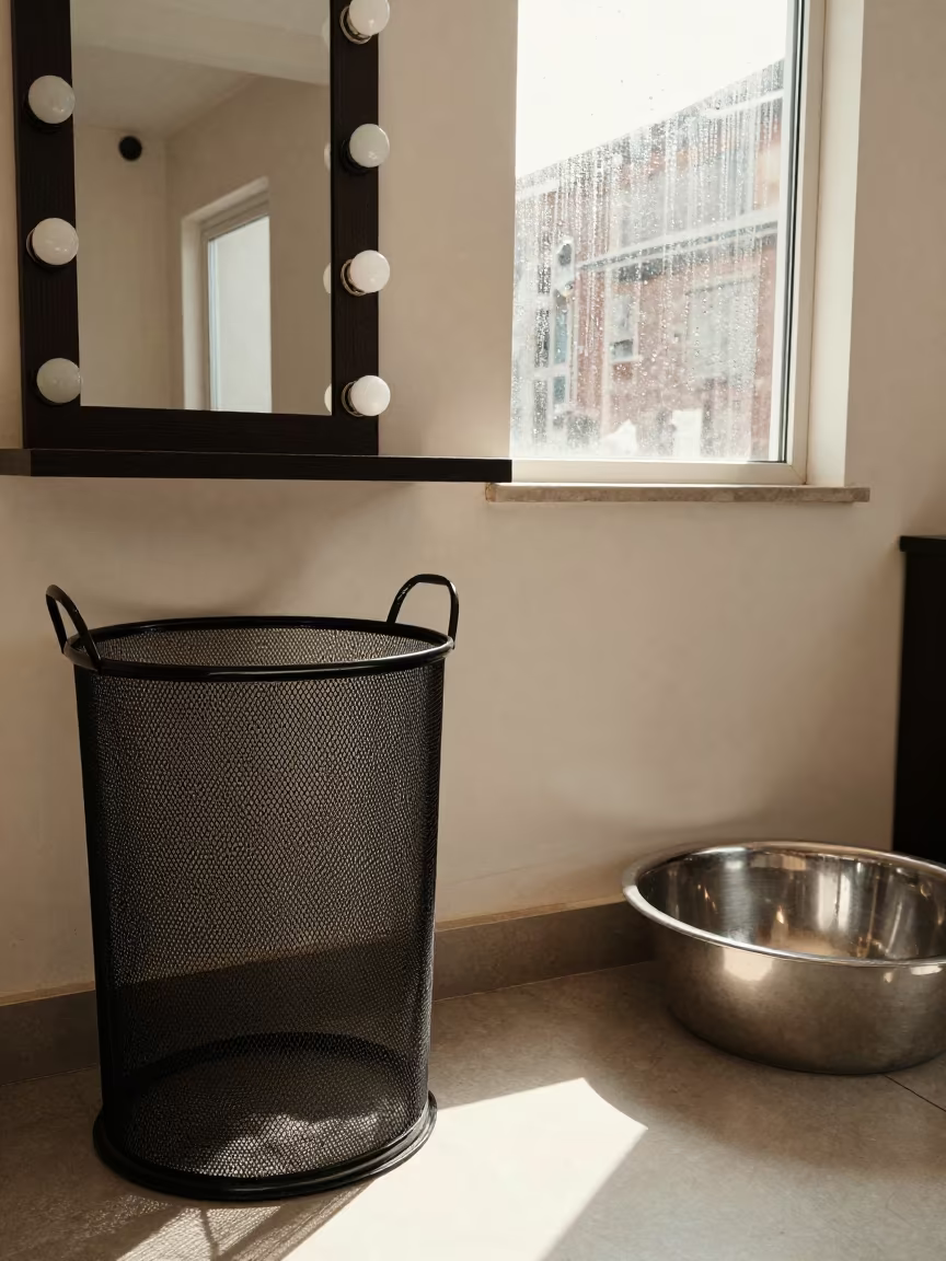 Empty Salon Hamper Under Mirror Bulbs Hafizabad in at a barber station beneath mirror bulbs near Hafizabad
