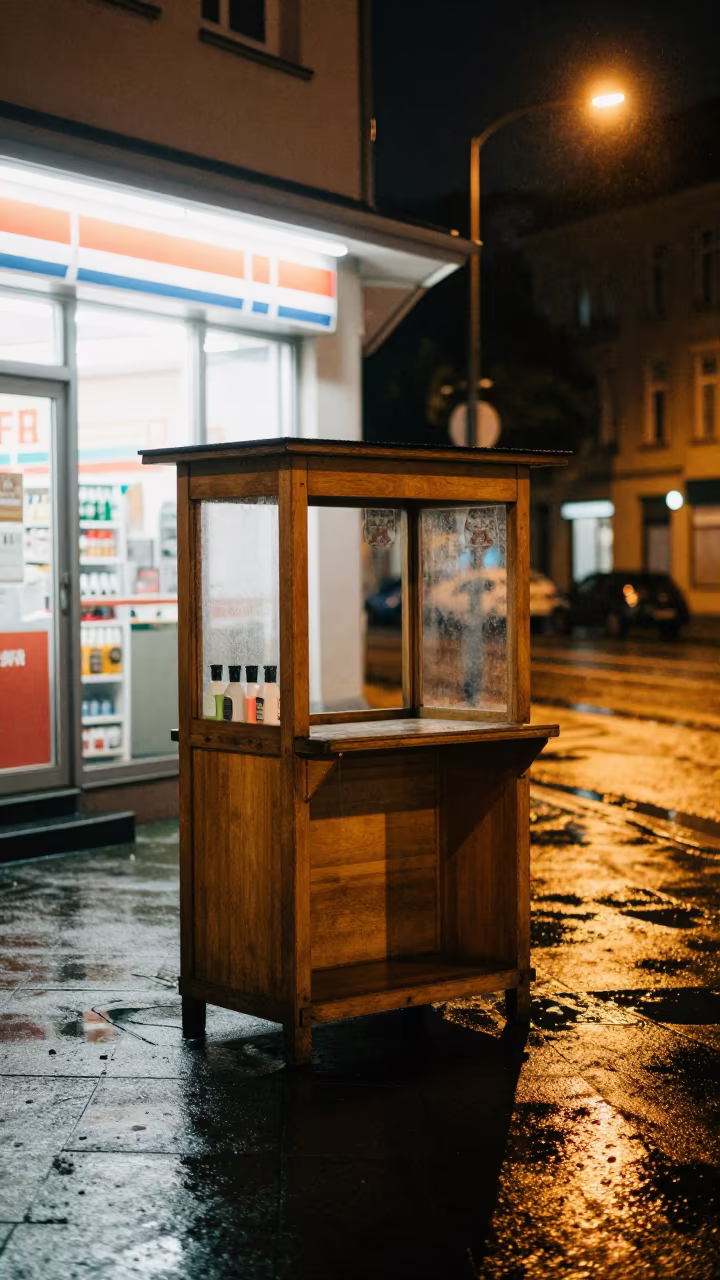 Empty Shoe Shine Stand in Dusseldorf Rain at Midnight in outside a fluorescent convenience store in Dusseldorf