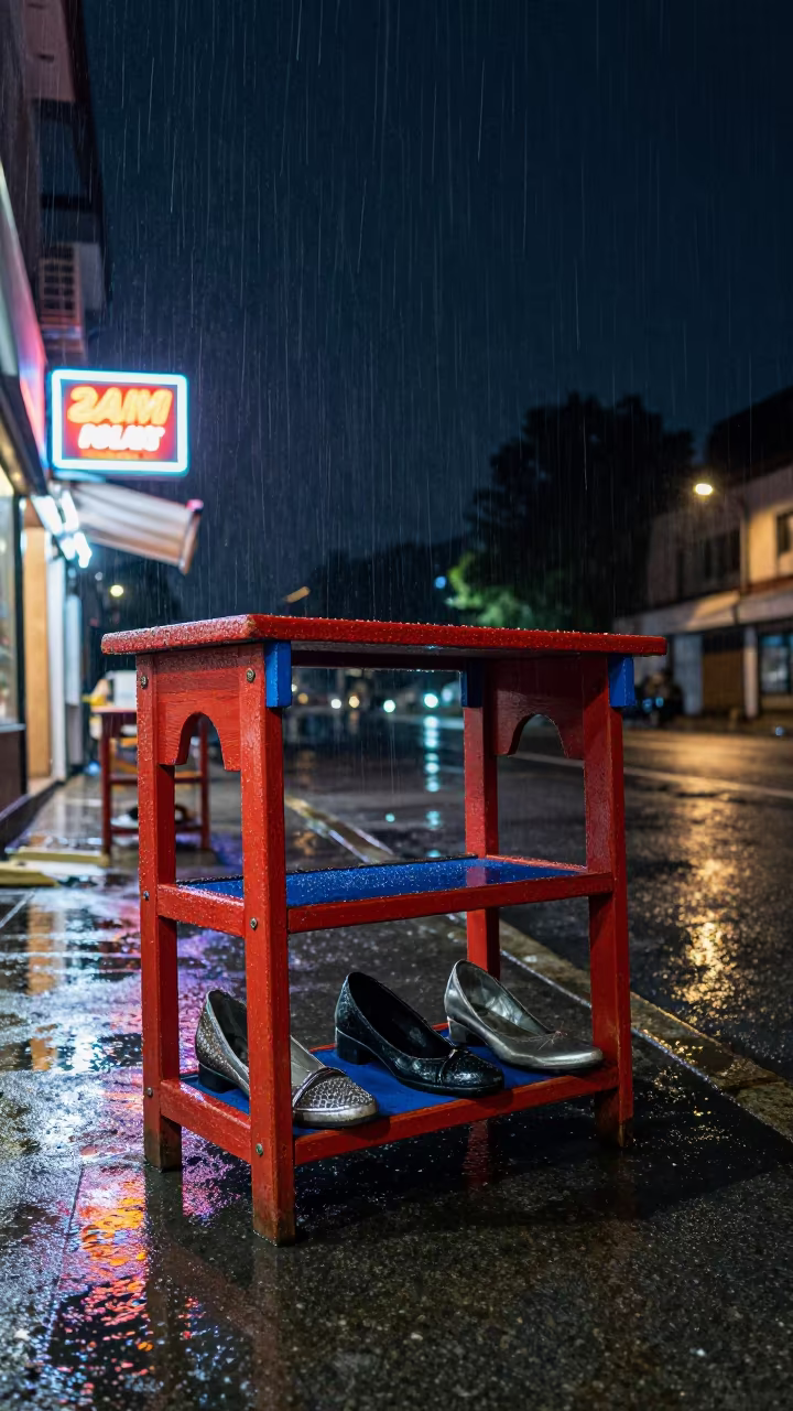 Empty Shoe Shine Stand Rain Midnight Oumé in outside a corner cafe in Oumé