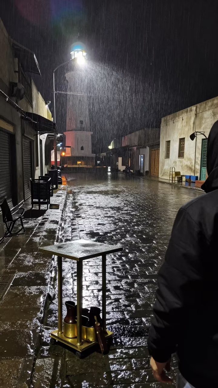 Empty Shoe Shine Stand Rain Midnight in along a market-lined side street in Safi