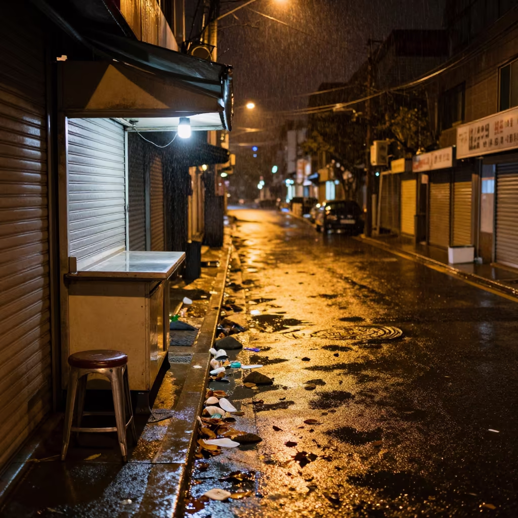 Empty Shoe Shine Stand in Rainy Daegu Night in along a shuttered arcade in Daegu