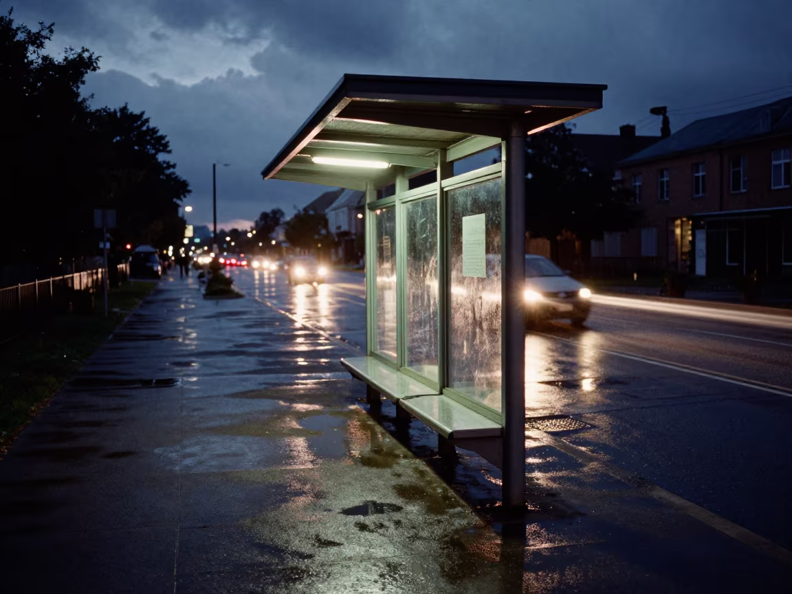 Empty Shoe Shine Stand Rainy Midnight Street in at a tram stop in Oral
