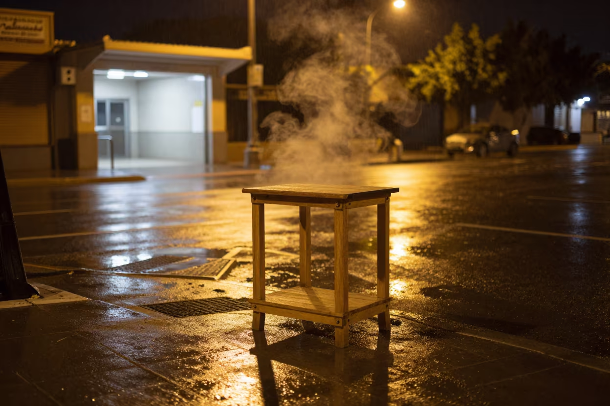 Empty Shoe Shine Stand Rainy Night Kerman in outside a metro entrance in Kerman
