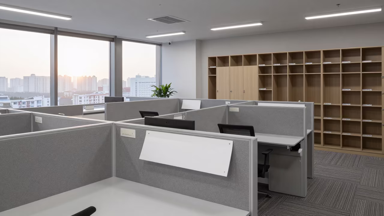 Empty Shred Pickup Tag Board Before Finance Requests in inside an open-plan office bay in Qingdao