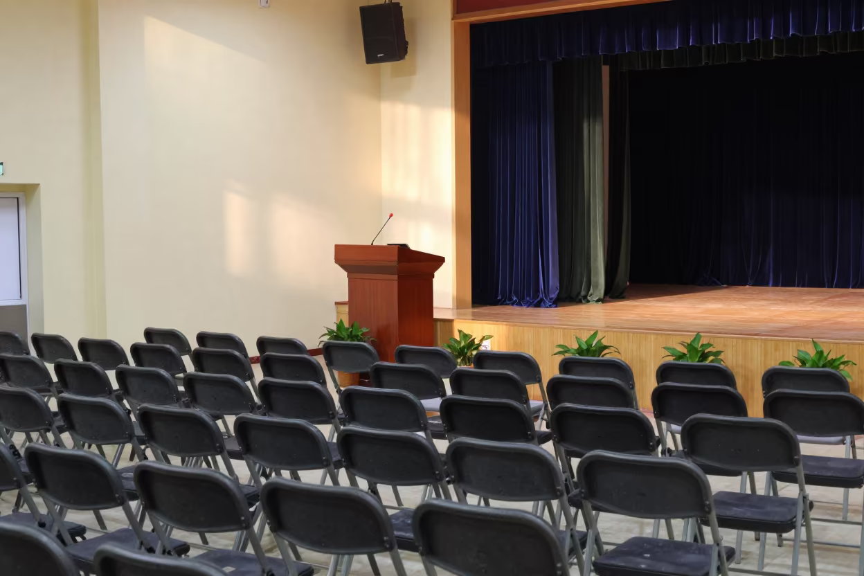 Empty Stage in Qingdao Community Center Auditorium in in a community center hall in Qingdao
