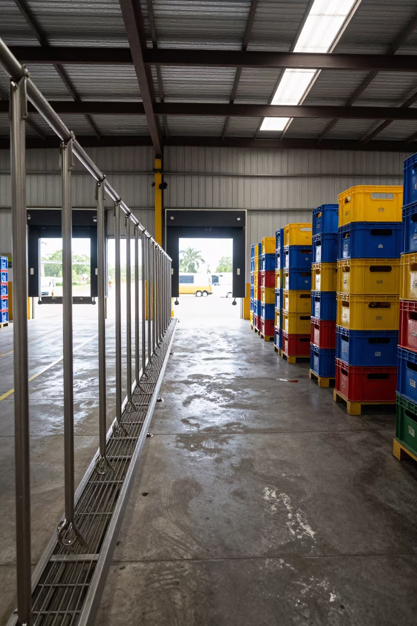 Empty Tote Line Noon Light Bucaramanga Warehouse in inside a distribution center pick aisle in Bucaramanga