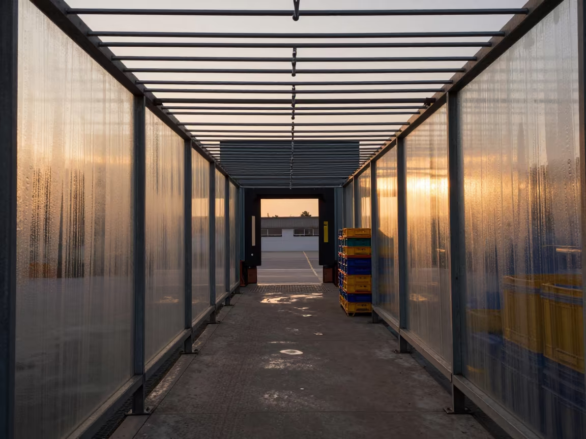 Empty Tote Wash Line with Drip Channels in inside a warehouse aisle in Vehari