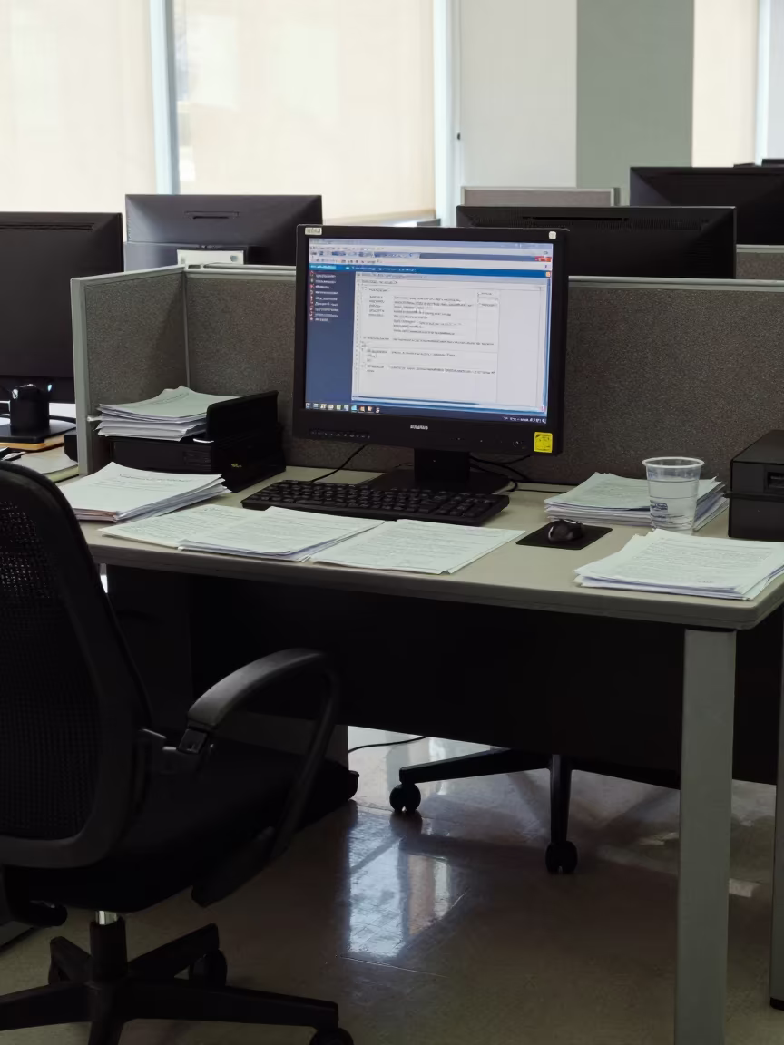 Empty Travel Desk With Monitor and Paper in inside an open-plan office bay near Morelia
