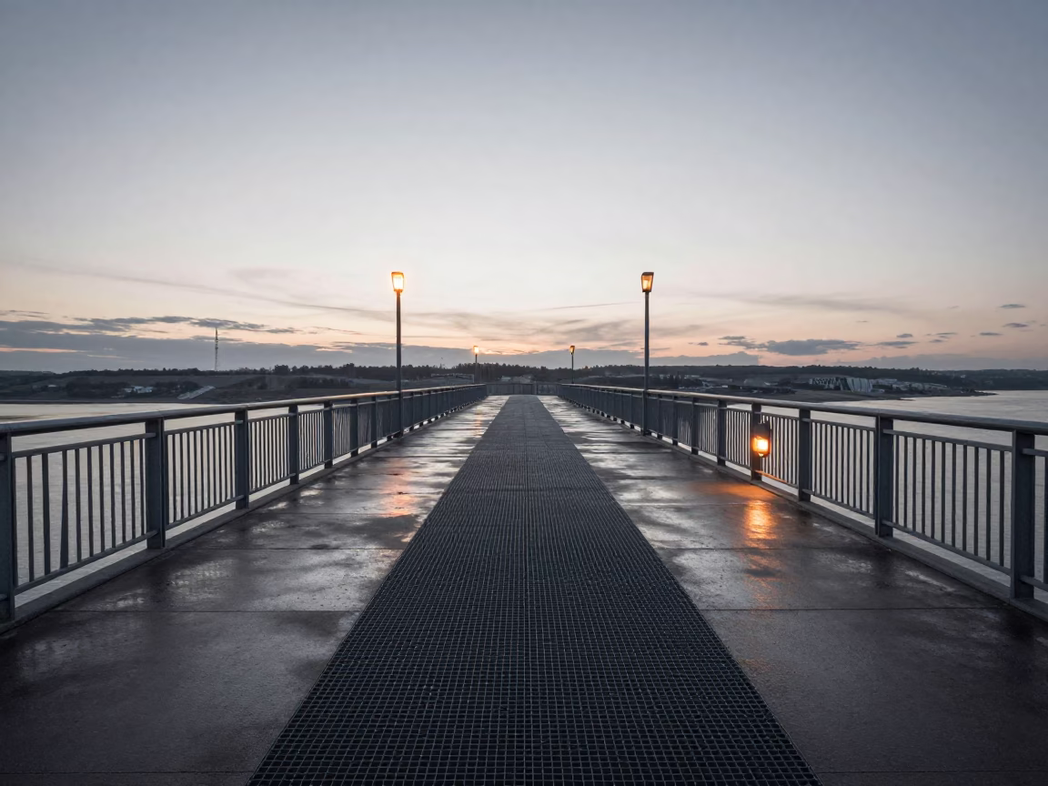 Empty Vienna Dam Observation Deck Under Amber Beacons Before Sunrise in in Vienna, Austria