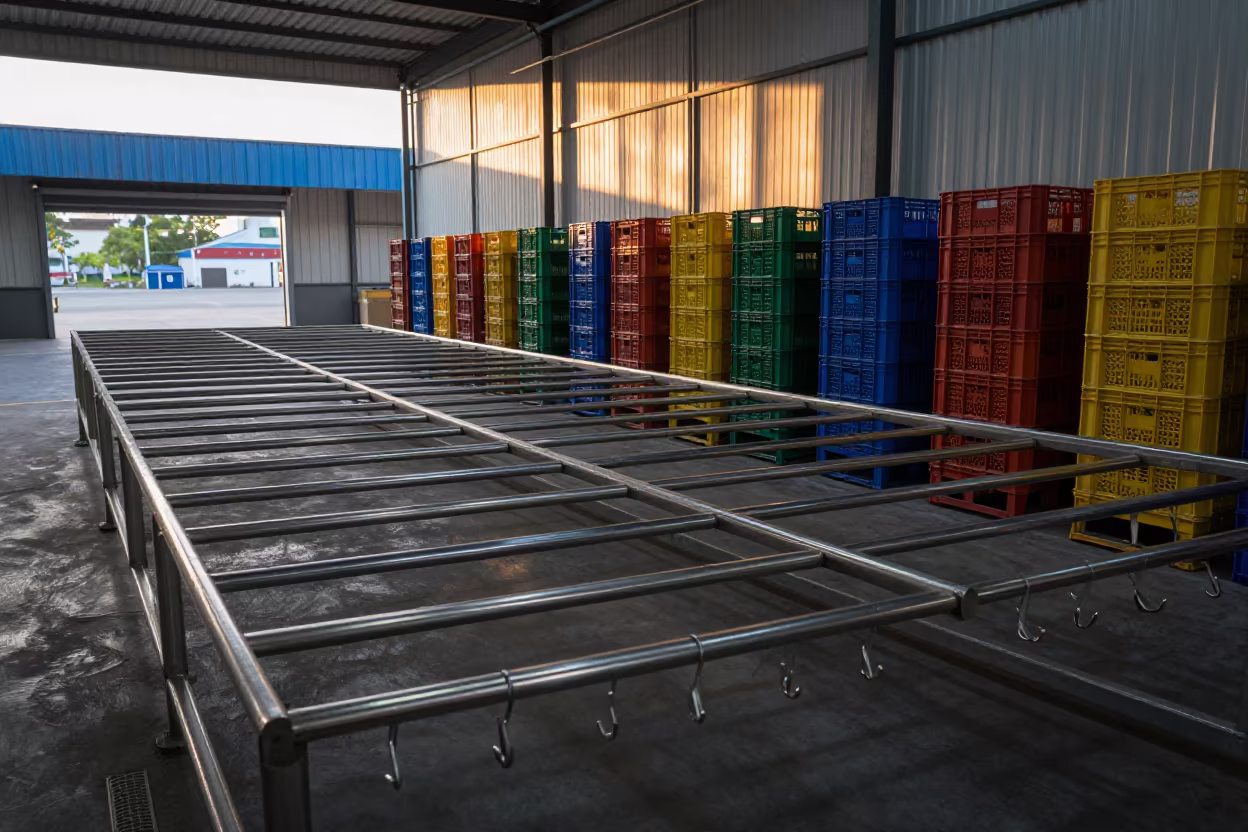 Empty Wash Line Under Golden Warehouse Light in along inventory racks under cool warehouse light near Bandar Lampung