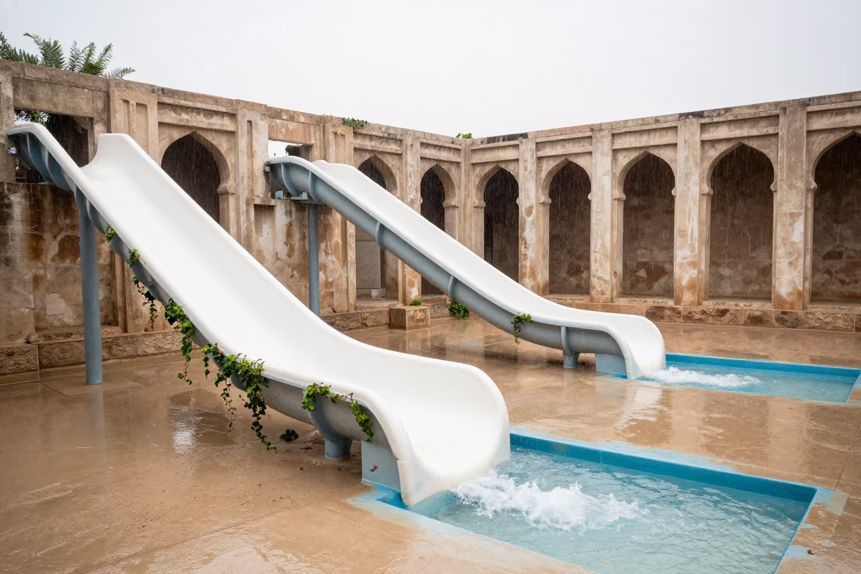 Empty Water Park Slides in Omani Ruins in among collapsed cloisters in Oman