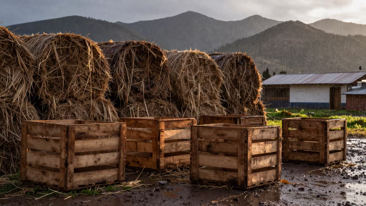 Empty Wooden Bins at Dawn in Cusco Wet Season in beside stacked hay bales in Cusco