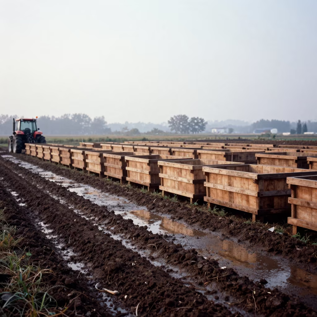 Empty Wooden Bins beside Tractor Track in Jiangxi in beside a tractor track through dark soil in Jiangxi