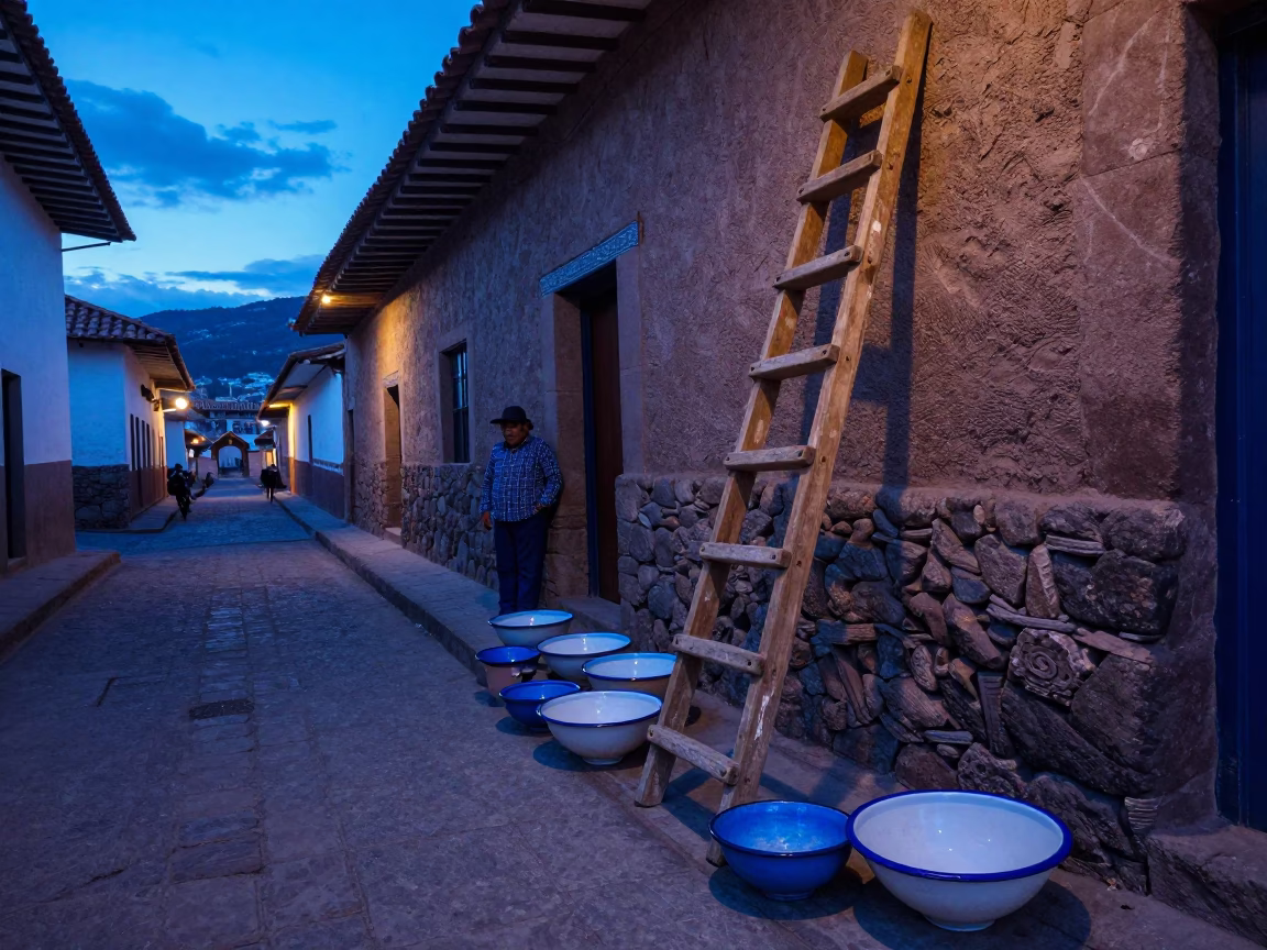 Enamel bowls and wooden ladder in Cusco Peru indigo twilight street scene in in Cusco, Peru