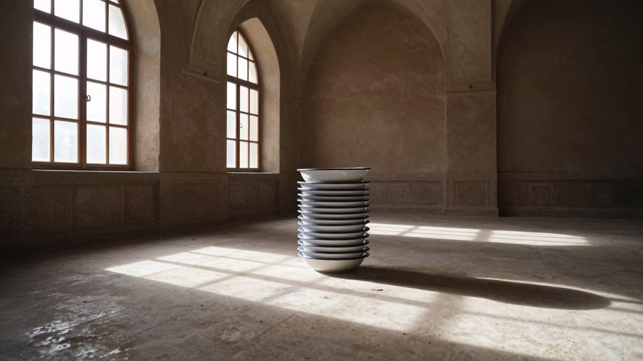 Enamel Bowls in Baghdad Atrium Noon Light in inside a vaulted atrium in Baghdad