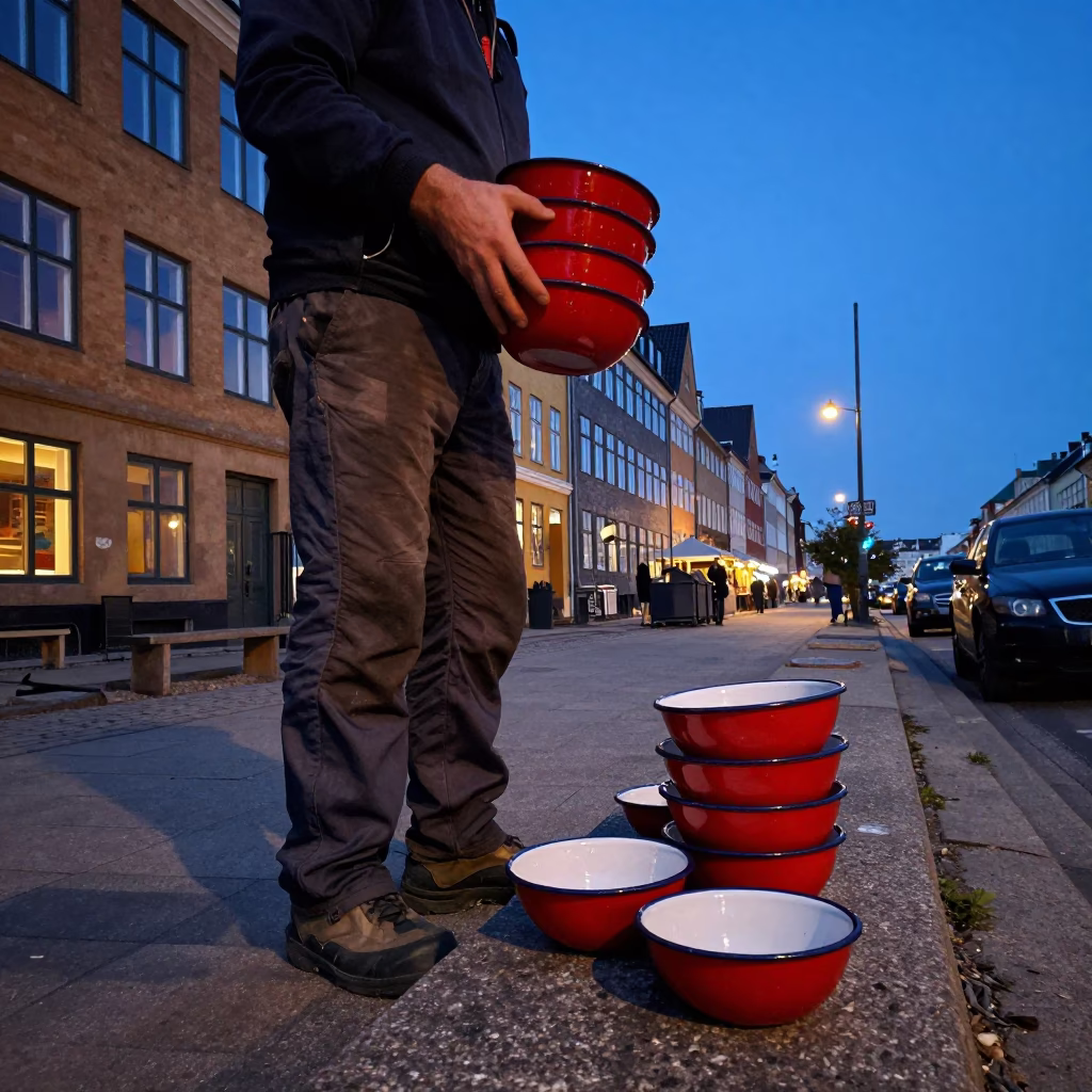 Enamel Bowls in Copenhagen at Twilight in in Copenhagen, Denmark