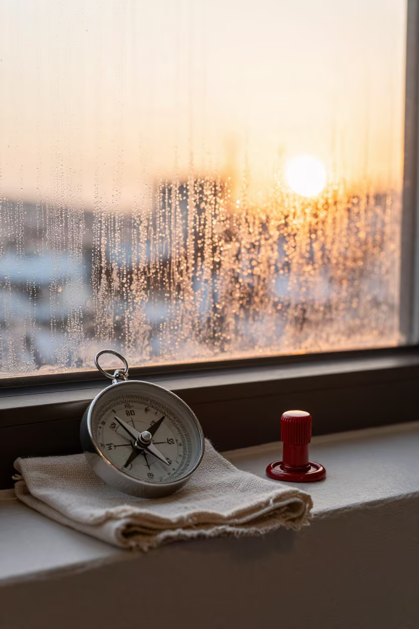 Enamel Compass on Linen with Wax Seal in on a painted display ledge in Busan