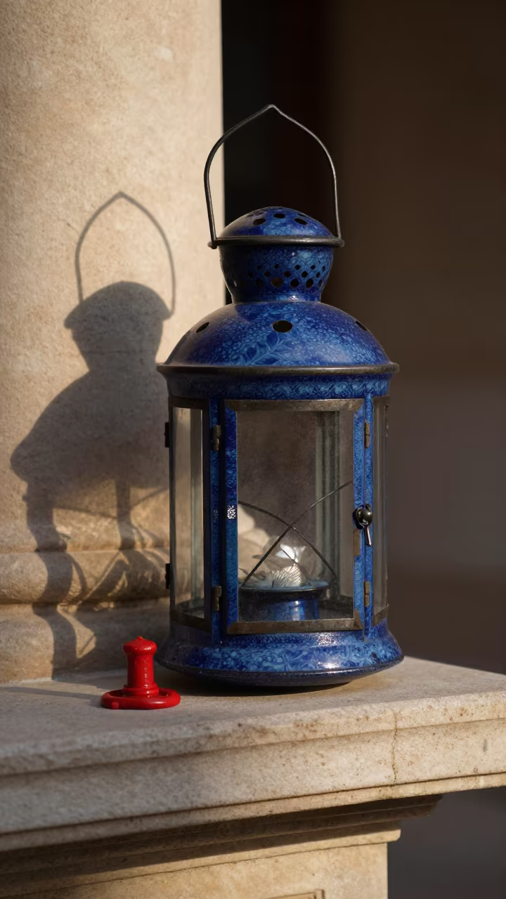 Enamel Lantern and Wax Seal on Stone Shelf in on a writing desk in Raval, Barcelona