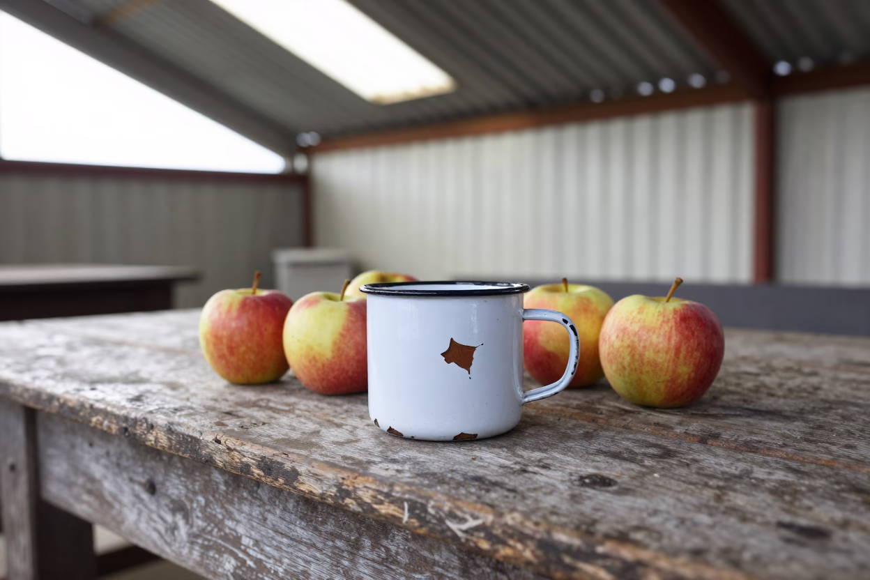 Enamel Mug And Apples in Auckland in in Auckland, New Zealand