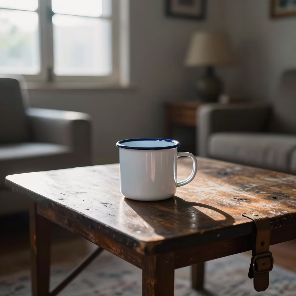 Enamel Mug on Camp Table at Dawn in in a sunlit living room in Gurgaon