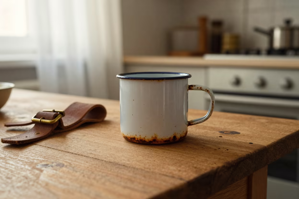 Enamel Mug on Camp Table in Dawn Light in in a cozy kitchen in Tverskaya, Moscow