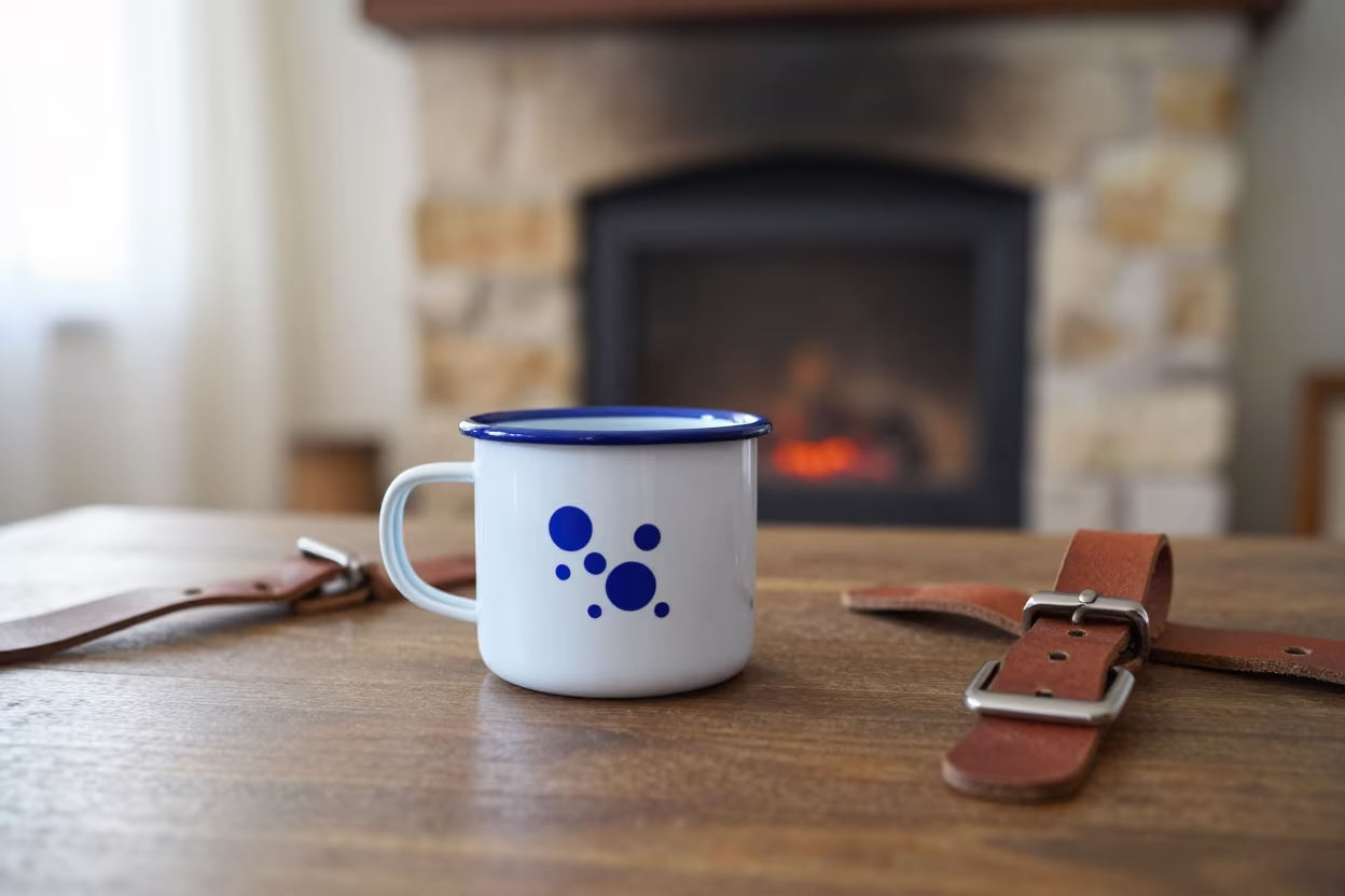 Enamel Mug on Camp Table at Dawn in Szeged in by a crackling fireplace in Szeged