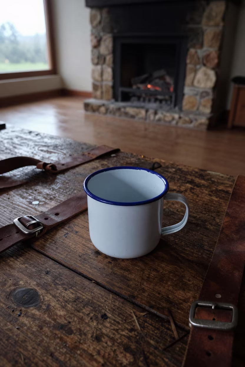 Enamel Mug on Camp Table at Dawn in by a crackling fireplace near Antananarivo