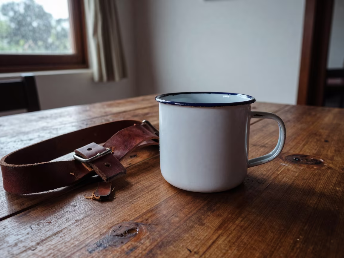 Enamel Mug on Camp Table in Queretaro Dawn in in a breakfast nook near Queretaro