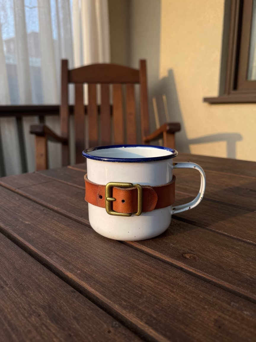 Enamel Mug on Porch Table at Dawn in Beirut in on a porch with a rocking chair near Beirut