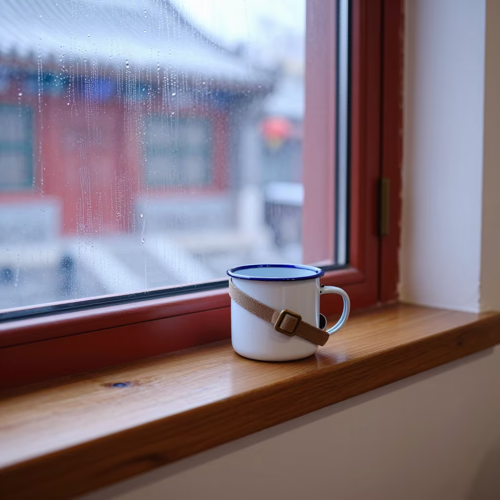 Enamel Mug on Winter Window Seat Beijing in on a window seat near Nanluoguxiang, Beijing