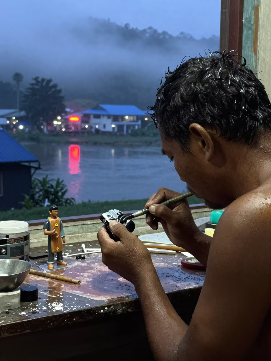 Enamel Painter Details Miniature Before Dawn in in Lahad Datu