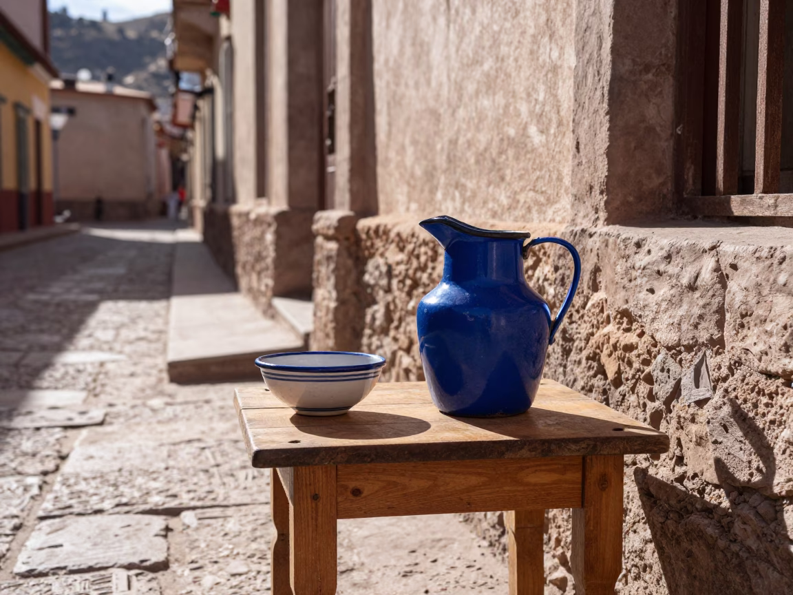 Enamel Pitcher in La Paz at The Early Afternoon Light in in La Paz, Bolivia