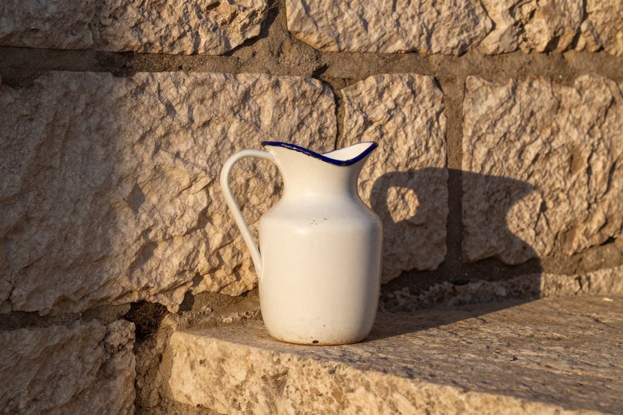 Enamel Pitcher on Stone Ledge in Dubrovnik Early Evening with Bird of Paradise in in Dubrovnik, Croatia