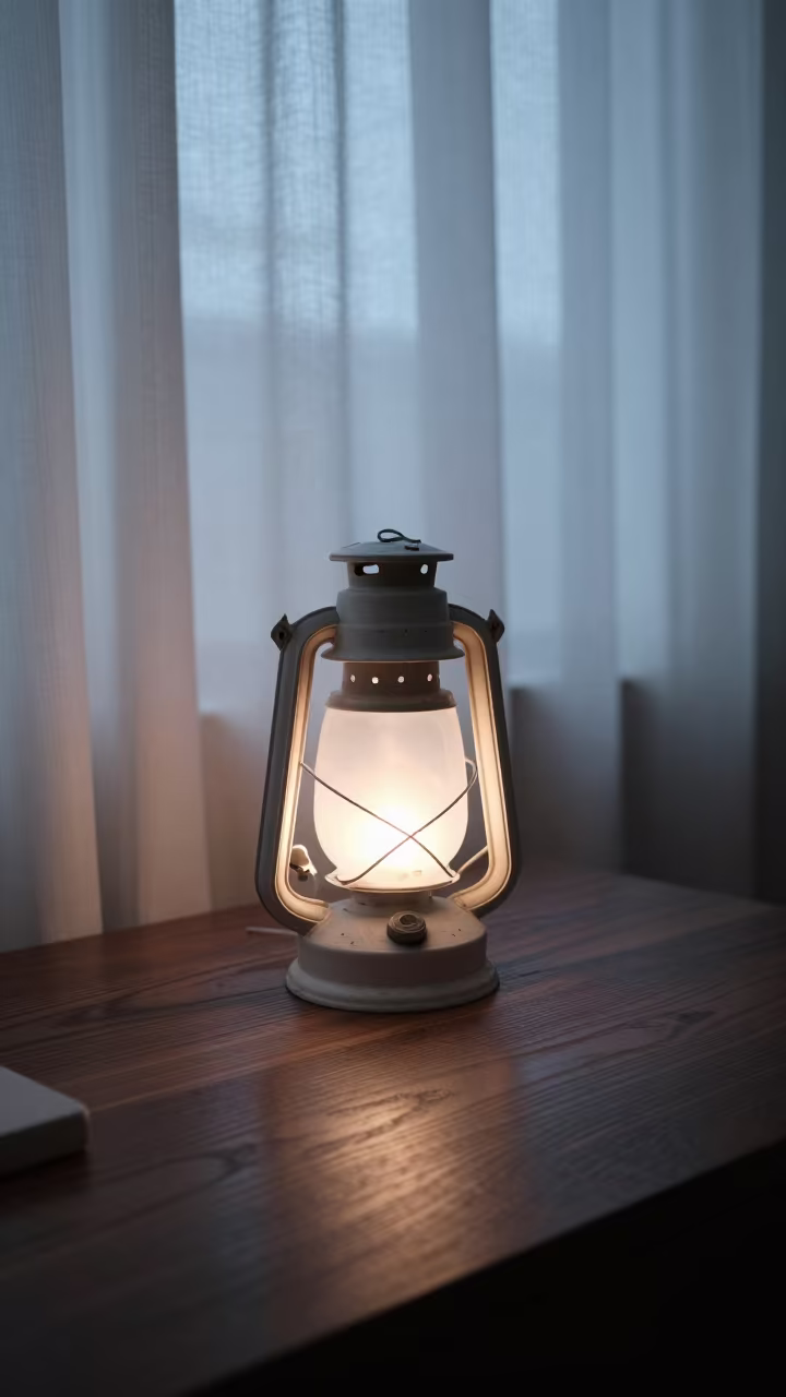 Enameled Lantern on Oak Desk at Dawn in on a writing desk in Loja