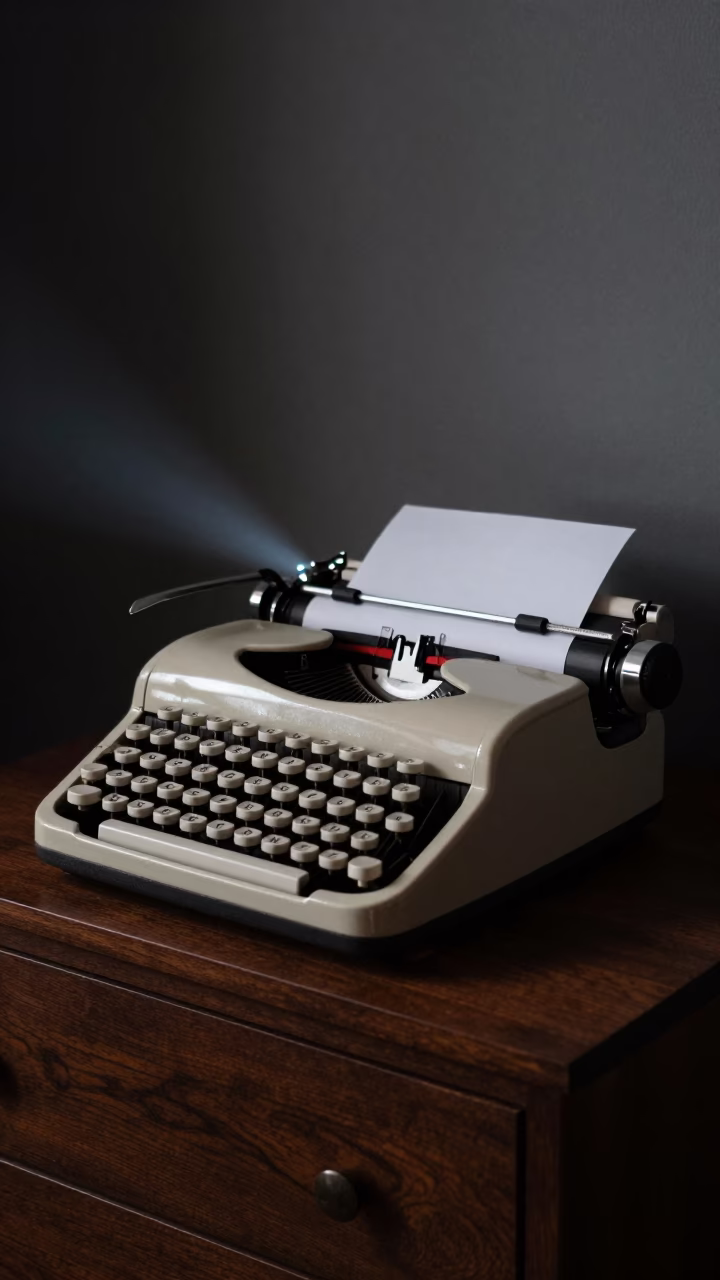 Enameled Typewriter Under Projector Glow in on a hotel dresser in Owerri