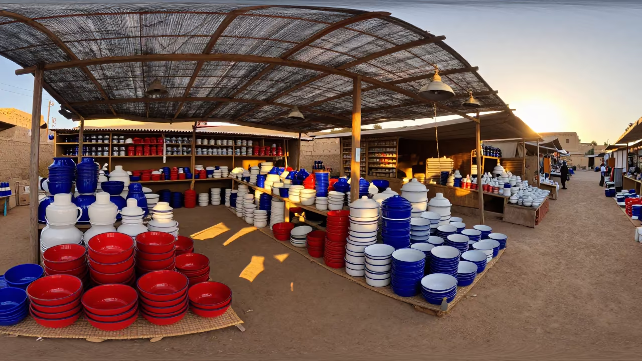 Enamelware Stall Under Amber Sunset Light in under a market canopy in Kamsar