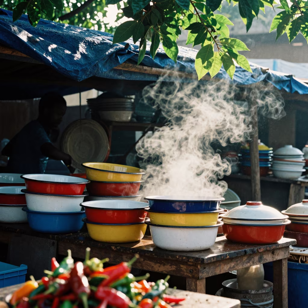 Enamelware Stall Under Rattling Tarp in Ouidah in under a market canopy in Ouidah