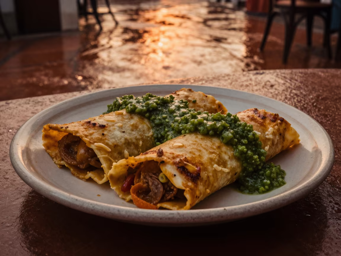 Enchiladas with Green Salsa in Amber Light in on a ceramic plate by a window in Lanzhou
