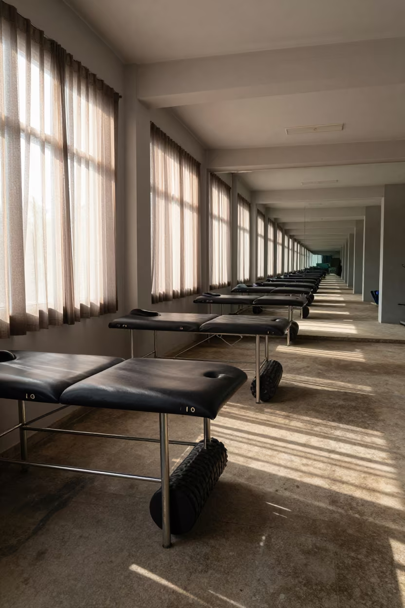 Endless Corridor Pool Start Block Rack in Lome in inside a recovery lounge beside foam rollers in Lome