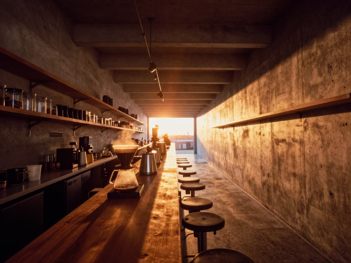 Endless Corridor Pour-Over Coffee Santa Monica in at a coffee bar counter in Santa Monica, Los Angeles