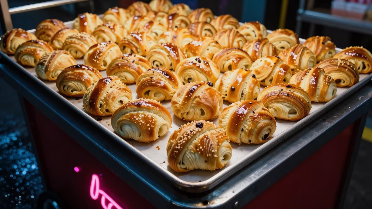 Endless Pastry Grid in Jakarta Neon Bakery in in a bakery display case in Jakarta